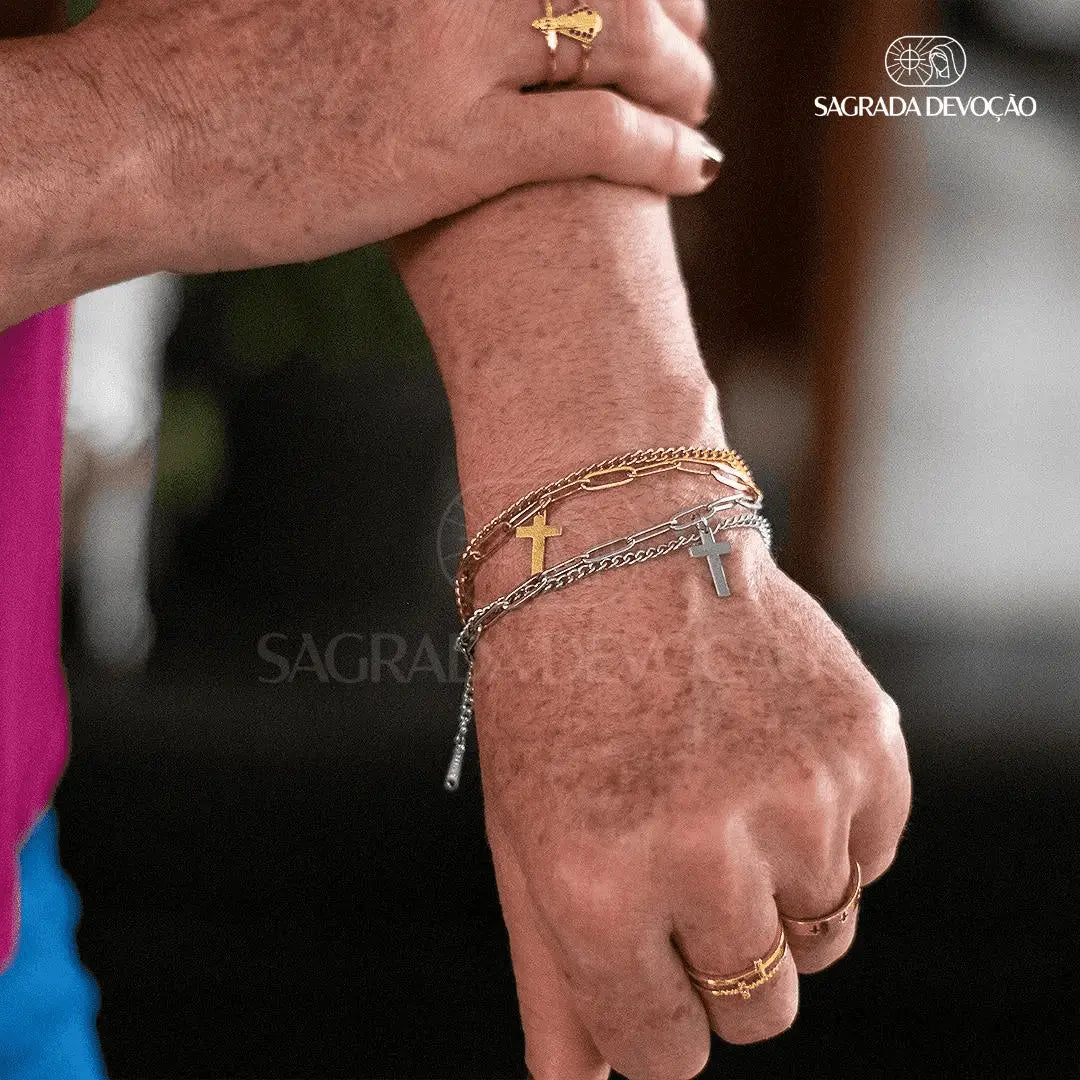 Pulseira de Cruz Feminina - Ouro 14K e Prata 925