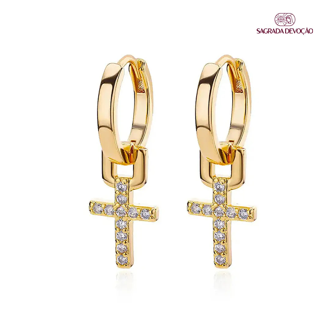 Brinco de Cruz Cravejada - Ouro 14K e Prata 925