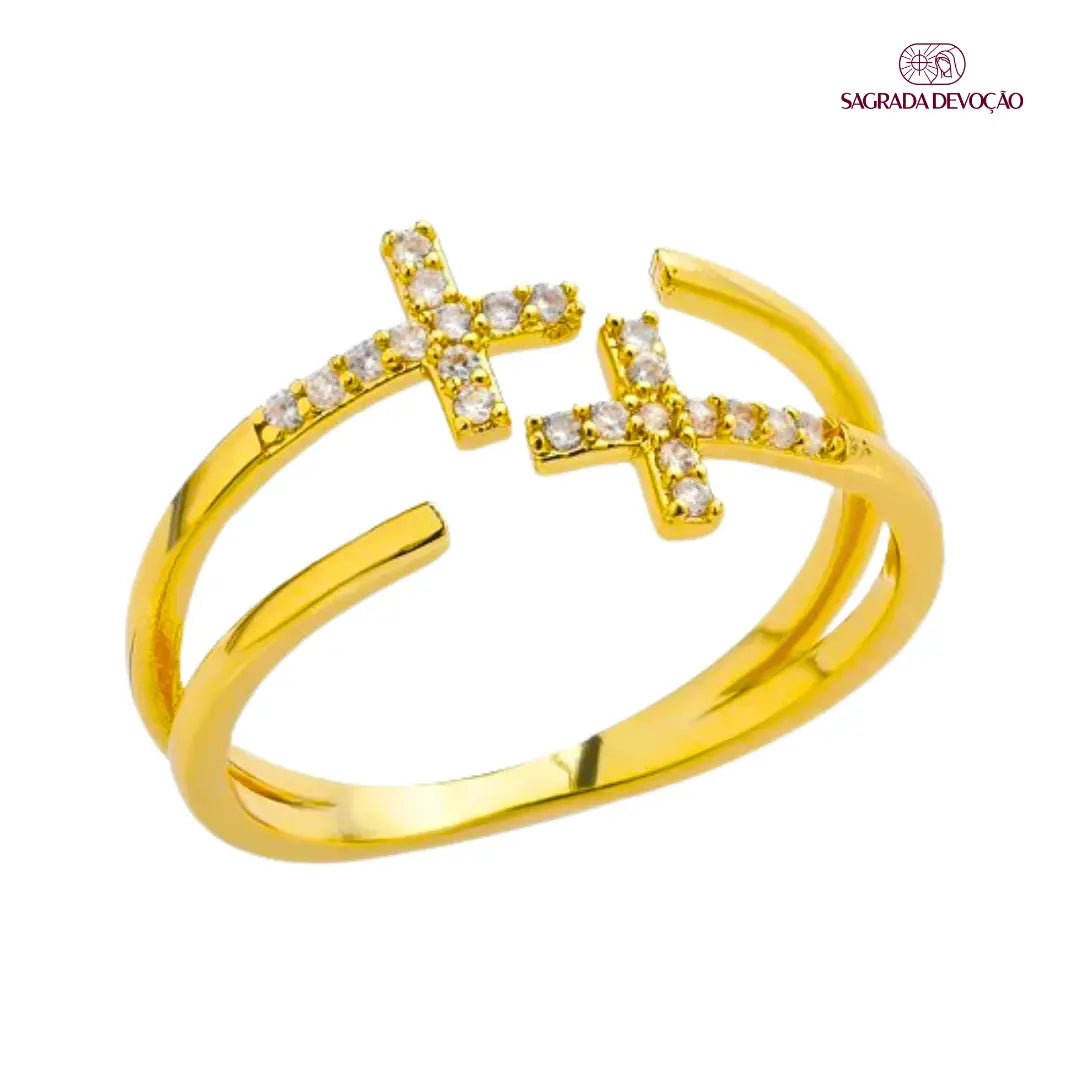 Anel de Cruz Dupla Aberto | Ouro e Prata 925 - Ajustável