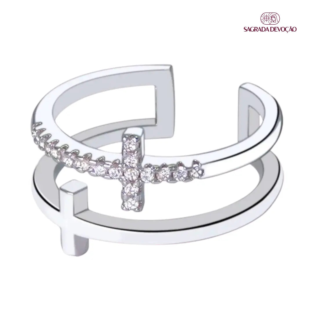 Anel de Cruz Dupla Folheado a Ouro e Prata 925 - Ajustável