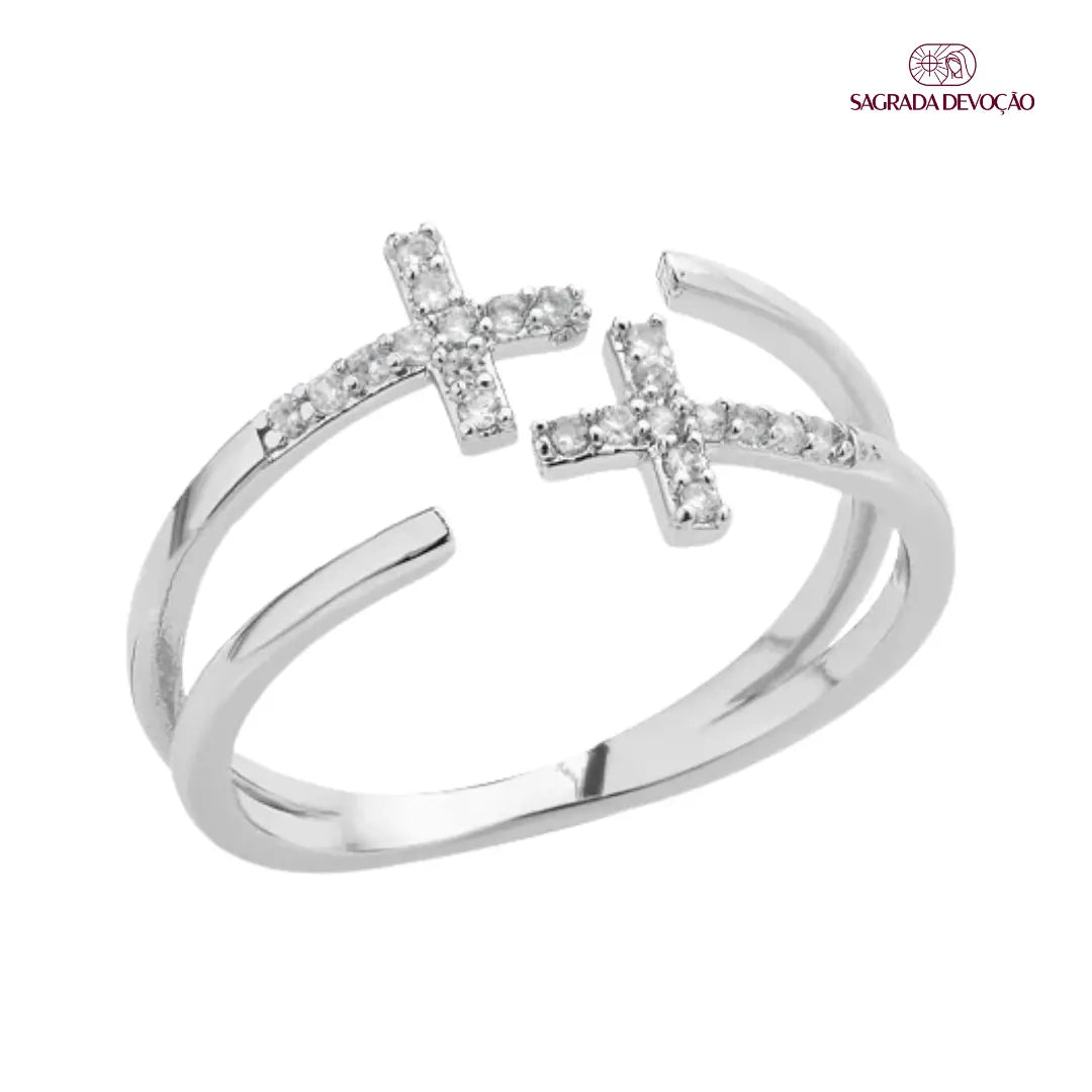 Anel de Cruz Dupla Aberto | Ouro e Prata 925 - Ajustável