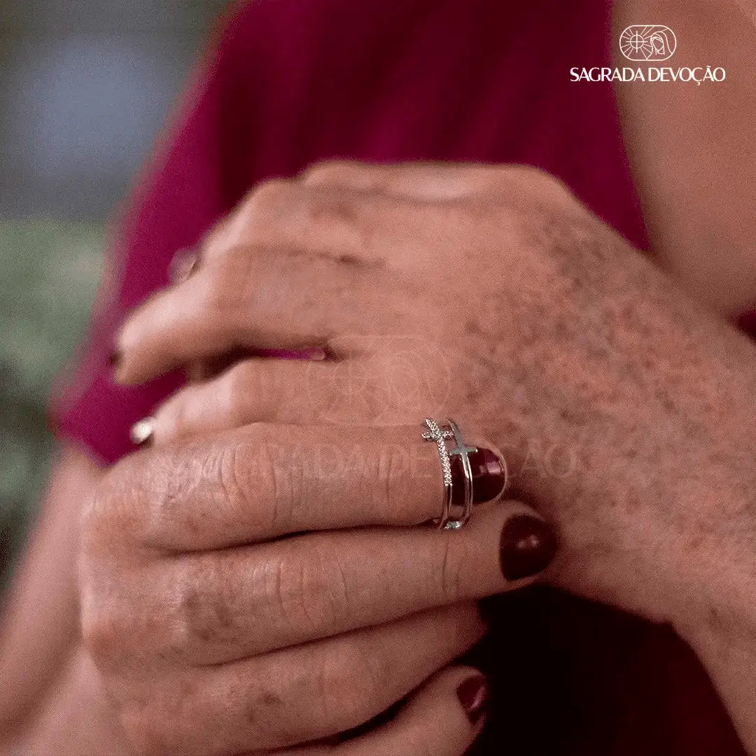 Anel de Cruz Dupla Folheado a Ouro e Prata 925 - Ajustável