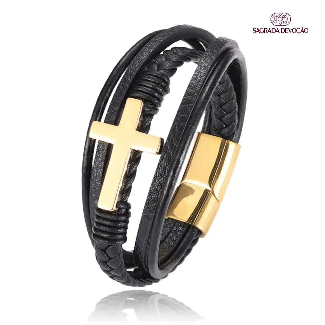 Pulseira de Couro Trançada - Cruz Aço Inoxidável