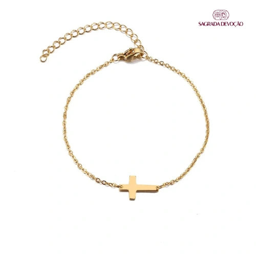 Pulseira de Crucifixo Inoxidável e Folheada a Ouro