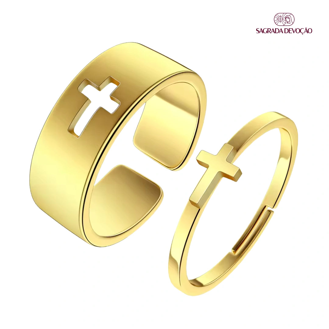 Anel de Cruz Ouro 14K Premium - Ajustável