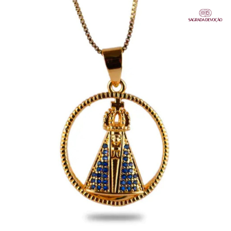 Colar Aura Nossa Senhora Aparecida Dupla Face | Zircônia Premium Ouro 14K