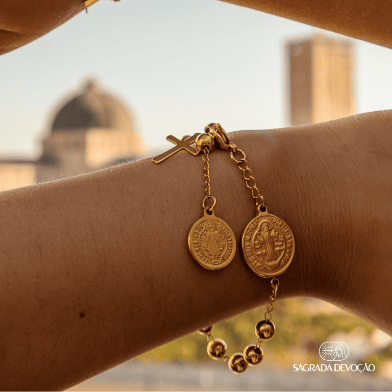 Pulseira São Bento com Dezena de Terço Ouro 14k – Pulseira Religiosa de Oração Masculino e Feminino