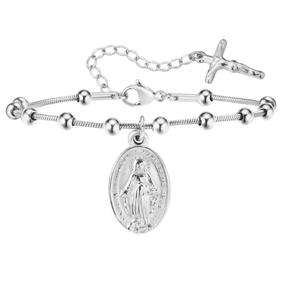Pulseira Virgem Maria com Dezena de Terço Prata – Pulseira Religiosa Feminina para Oração