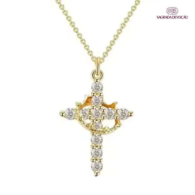 Colar Cruz e Coroa de Cristo – Zircônia Premium & Ouro 14K