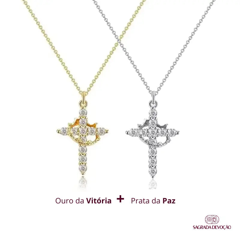 [COMPRE 1 LEVE 2] Colar Cruz de Cristo + Coroa Sagrada – Zircônia Premium & Ouro 14K