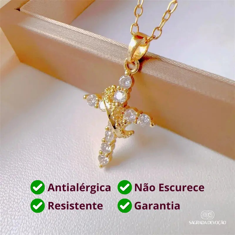 [COMPRE 1 LEVE 2] Colar Cruz de Cristo + Coroa Sagrada – Zircônia Premium & Ouro 14K