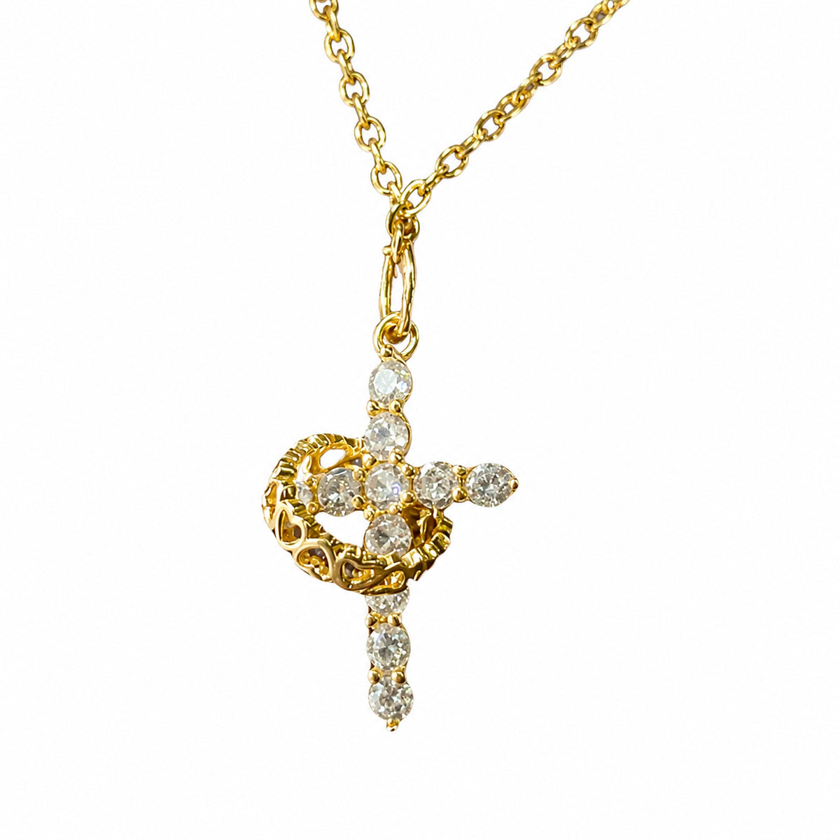 Colar Cruz com Coração Giratório Ouro ou Prata – Pingente Religioso Feminino com Zircônias
