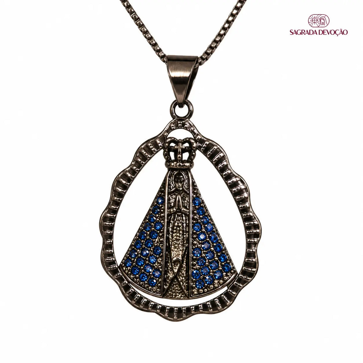 Colar Nossa Senhora Aparecida Black Zircônias Azuis