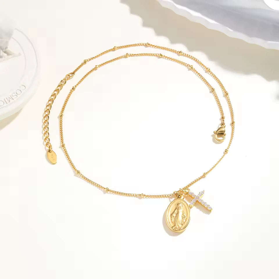 Colar Virgem Maria com Cruz de Zircônia – Colar Religioso Feminino Delicado